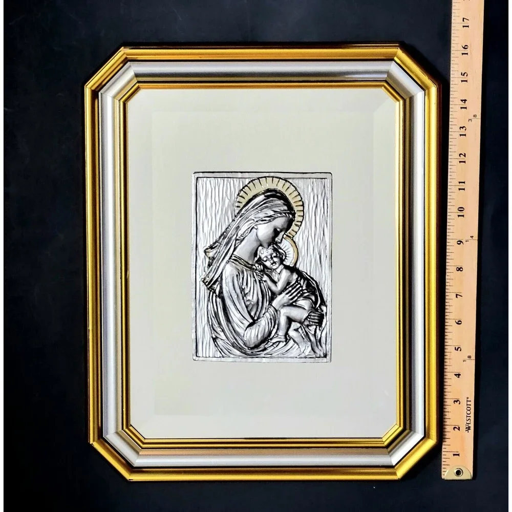 925K Sterling Blessed Mother & Child Mirror Wall Art Gold Tone Accents MCM Italy